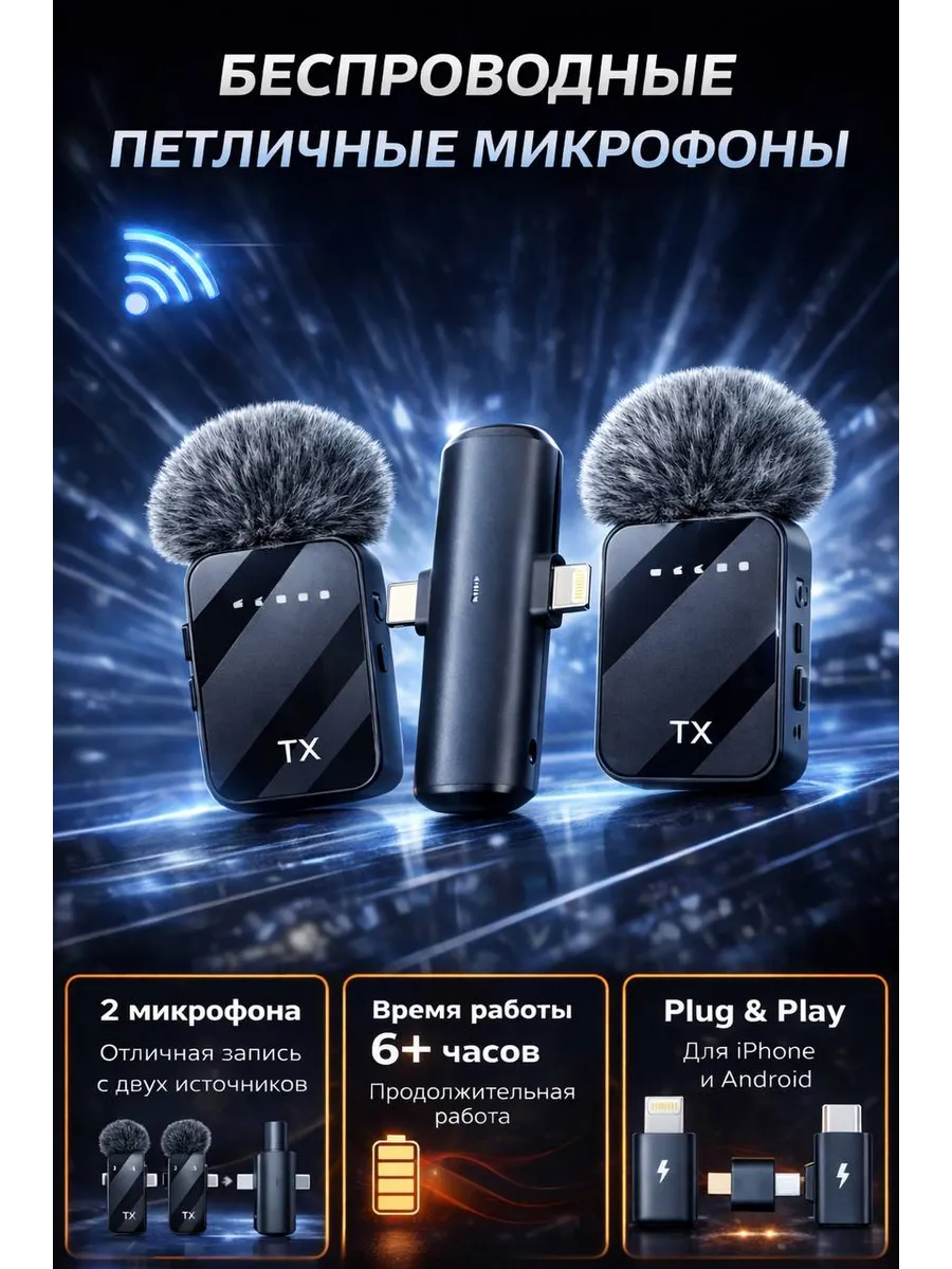 Микрофон петличный беспроводной с ветрозащитой для телефона